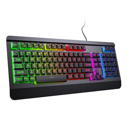 Gaming Keyboard with Large Print Keys, 7-Color Rainbow LED Backlit, Quiet Light Up Computer Keyboard with All-Metal Panel, Wrist Rest, Anti-Ghosting Multimedia Keys, USB Wired Keyboard for PC Mac Xbox - 1