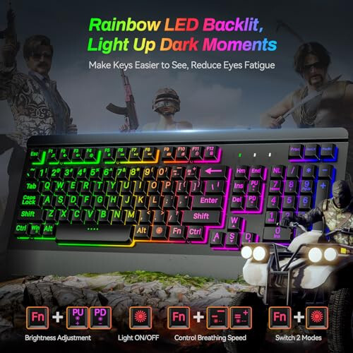 Gaming Keyboard with Large Print Keys, 7-Color Rainbow LED Backlit, Quiet Light Up Computer Keyboard with All-Metal Panel, Wrist Rest, Anti-Ghosting Multimedia Keys, USB Wired Keyboard for PC Mac Xbox - 3