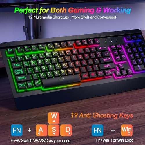 Gaming Keyboard with Large Print Keys, 7-Color Rainbow LED Backlit, Quiet Light Up Computer Keyboard with All-Metal Panel, Wrist Rest, Anti-Ghosting Multimedia Keys, USB Wired Keyboard for PC Mac Xbox - 4