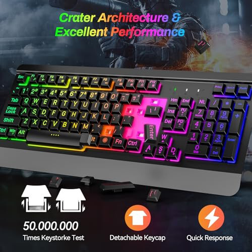 Gaming Keyboard with Large Print Keys, 7-Color Rainbow LED Backlit, Quiet Light Up Computer Keyboard with All-Metal Panel, Wrist Rest, Anti-Ghosting Multimedia Keys, USB Wired Keyboard for PC Mac Xbox - 5