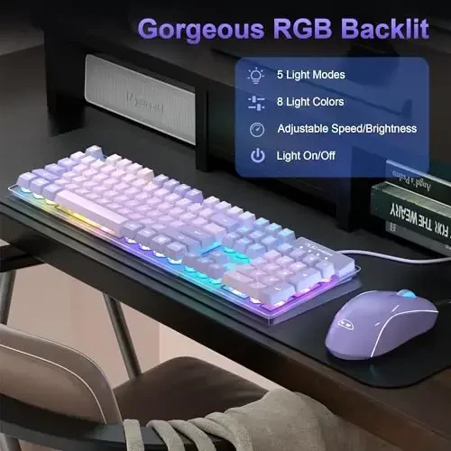 Gaming klaviatura va sichqoncha kombinatsiyasi, K1 RGB LED yoritgichli simli klaviatura, kompyuter/noutbuk uchun 104 tugmali kompyuter o'yin klaviaturasi (binafsha) - 3