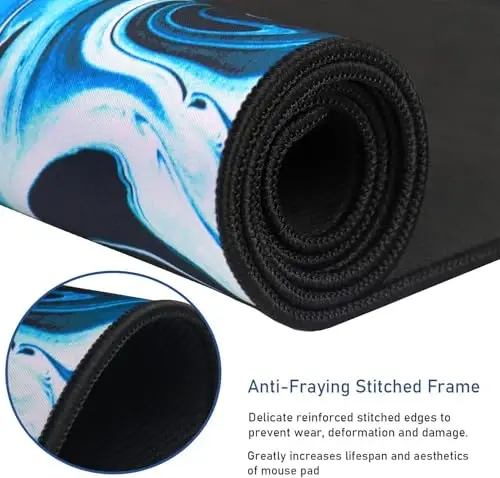 Gaming Mouse Pad bilan tikilgan qirralar, bardoshli sirpanmaydigan tabiiy kauchuk taglik, Esports Pro/Gamer/Desktop/Office/Home uchun suv o'tkazmaydigan kompyuter klaviatura pad mati - Marmar Cyan - 2