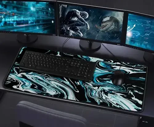 Gaming Mouse Pad bilan tikilgan qirralar, bardoshli sirpanmaydigan tabiiy kauchuk taglik, Esports Pro/Gamer/Desktop/Office/Home uchun suv o'tkazmaydigan kompyuter klaviatura pad mati - Marmar Cyan - 7