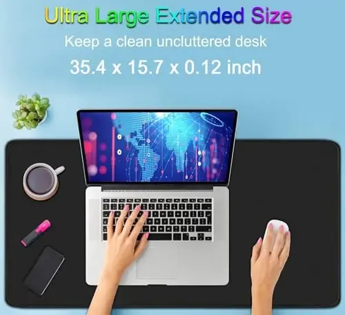 Gaming Mouse Pad, Large Desk Mouse Pad with Stitched Edges,(35.4X15.7In) Durable Non-Slip Natural Rubber Base, Waterproof Computer Keyboard Pad Mat for Esports Pros/Gamer/Desktop/Office/Home, Black - HSMIENK (1)
