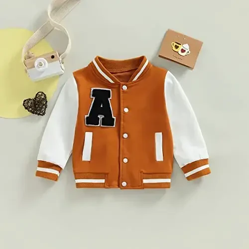 Gaono Baby Boy Girl Baseball Varsity Jacket Long Sleeve Button Down Letterman Bomber Outwear Coat Fall Winter Clothes - MODAZONE (1)
