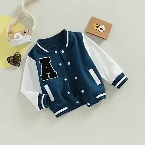 Gaono Baby Boy Girl Baseball Varsity Jacket Long Sleeve Button Down Letterman Bomber Outwear Coat Fall Winter Clothes - 7