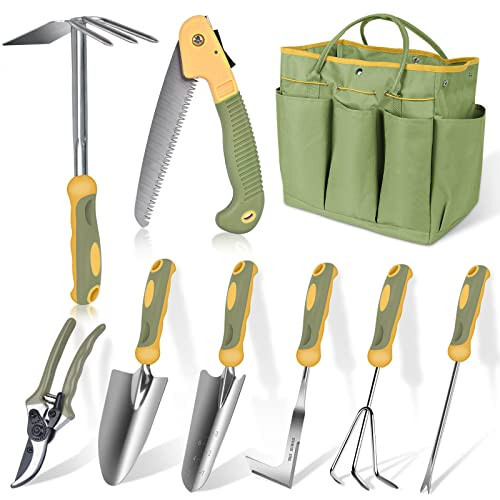 Garden Tool Set, WisaKey 9 Piece Stainless Steel Heavy Duty Gardening Tools with Handle, Durable Garden Tool Bag, Ideal Gardening Hand Tools, Gardening Gifts for Women and Men White Elephant Gifts - 1