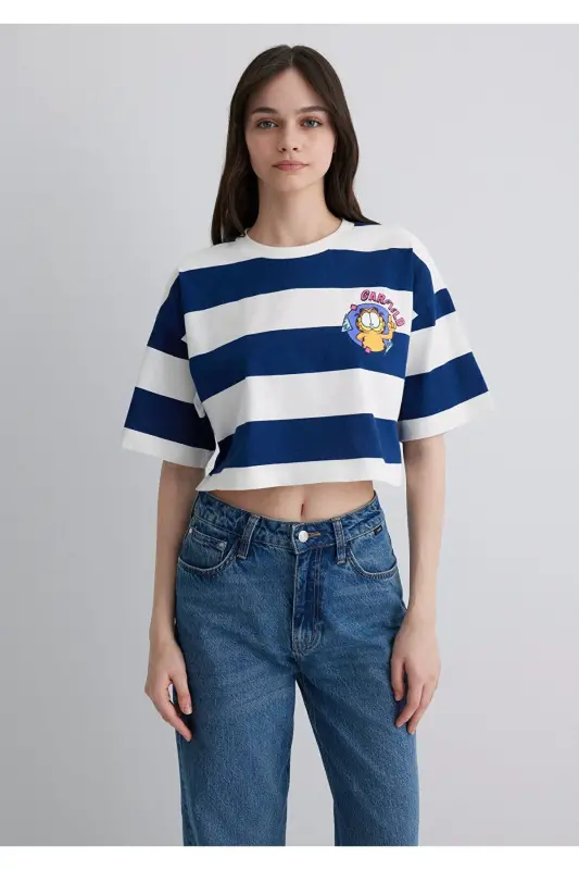 Garfield Printed Navy Blue T-shirt Crop / Short Cut - 4