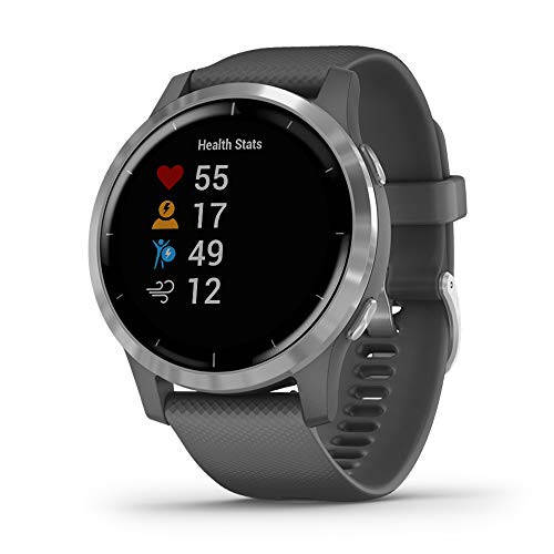 Garmin 010-02174-01 vivoactive 4, GPS-умные часы, функции: музыка, мониторинг энергии тела, анимированные тренировки, датчики пульсоксиметрии и многое другое, серебристый с серым ремешком - 1