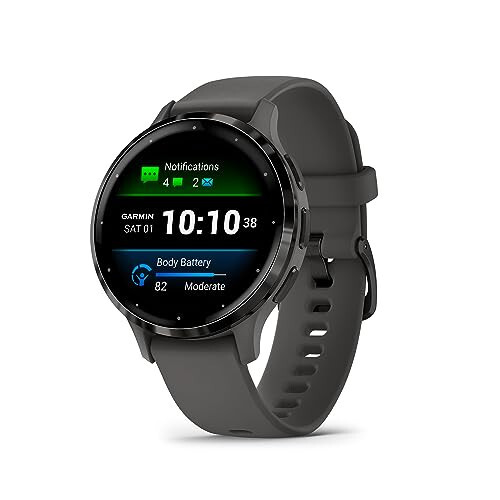 Garmin Venu 3S Slate Paslanmagan po'lat bezelli 1.2 dyuymli AMOLED tegin ekranli aqlli soat, 41 mm tosh kulrang korpus va silikon tasma bilan 