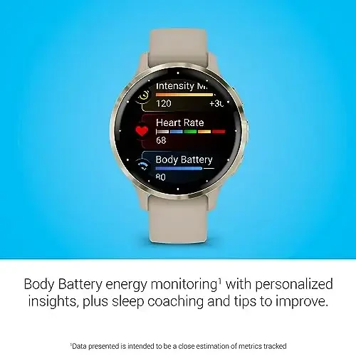 Garmin Venu 3S Soft Gold zanglamaydigan po'latdan yasalgan bezel, 1,2 dyuymli AMOLED sensorli displeyli aqlli soat, 41 mm fransuz kulrang korpusi va silikon tasma - 4