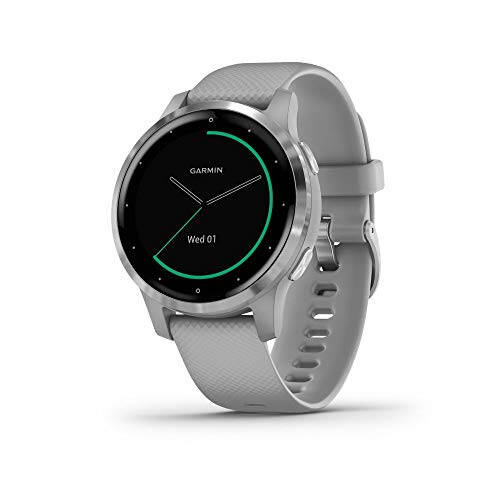 Garmin vivoactive 4S, Smaller-Sized GPS Smartwatch, Features Music, Body Energy Monitoring, Animated Workouts, Pulse Ox Sensors and More, Silver with Gray Band - 1