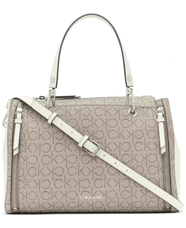 Garnet Signature Triple Compartment Top Zipper Satchel - Almond/White - 1