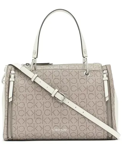 Garnet Signature Triple Compartment Top Zipper Satchel-Almond/White 