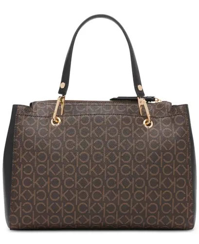 Garnet Signature Triple Compartment Top Zipper Satchel - Brown Khaki/Black - 6