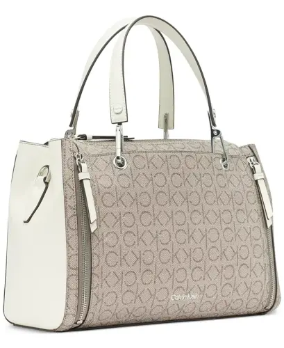 Garnet Signature Triple Compartment Top Zipper Satchel-Almond/White - 3