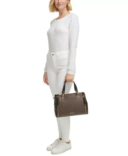 Garnet Signature Triple Compartment Top Zipper Satchel-Almond/White - 6