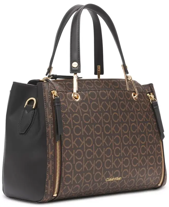 Garnet Signature Triple Compartment Top Zipper Satchel-Brown Khaki/Black - 7