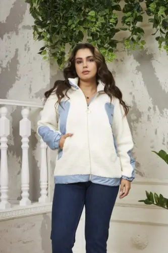 Garnished Plus Size Curly Ecru Coat - 1
