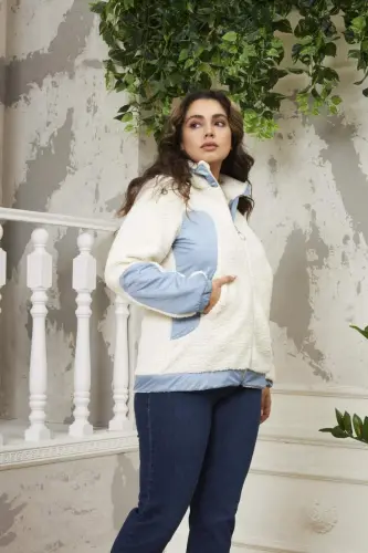 Garnished Plus Size Curly Ecru Coat - BÜYÜKBEDENIZ (1)