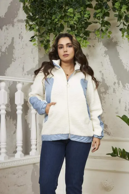 Garnished Plus Size Curly Ecru Coat - 1