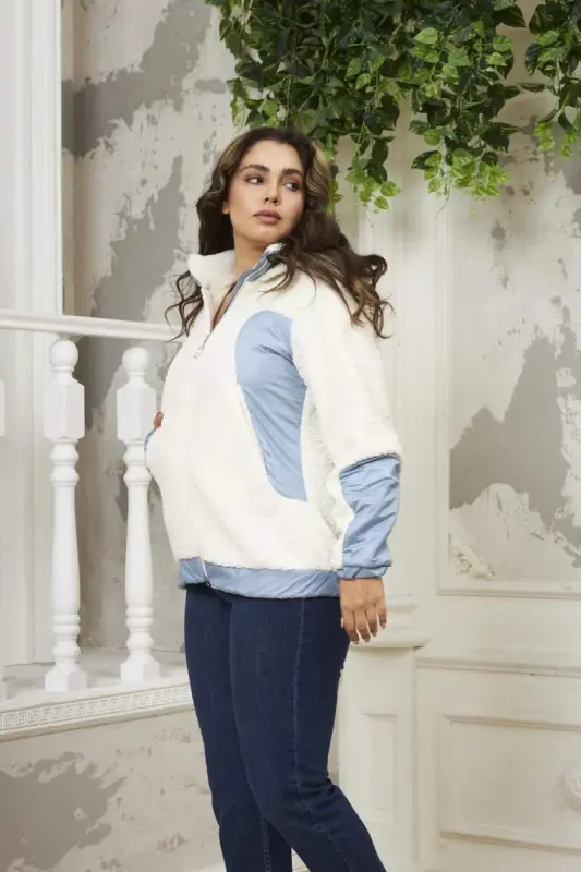 Garnished Plus Size Curly Ecru Coat - 3