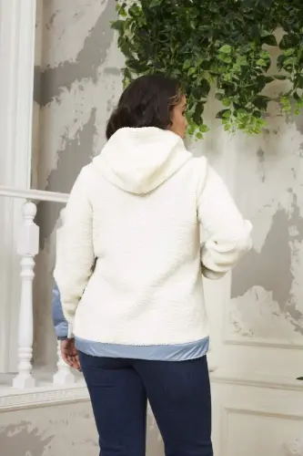 Garnished Plus Size Curly Ecru Coat - 4