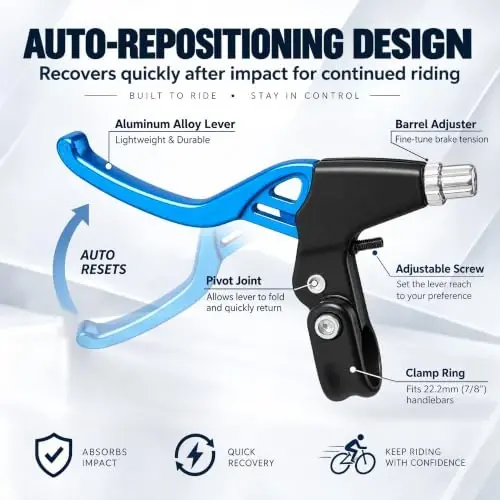 Gashwer Universal 2.2cm Bike Brake Levers Aluminum Alloy V-Brake Handlebar Bicycle Brake Handle for Most Bicycle, Mountain Bike, Road Bike 1 Pair (Blue) - 5