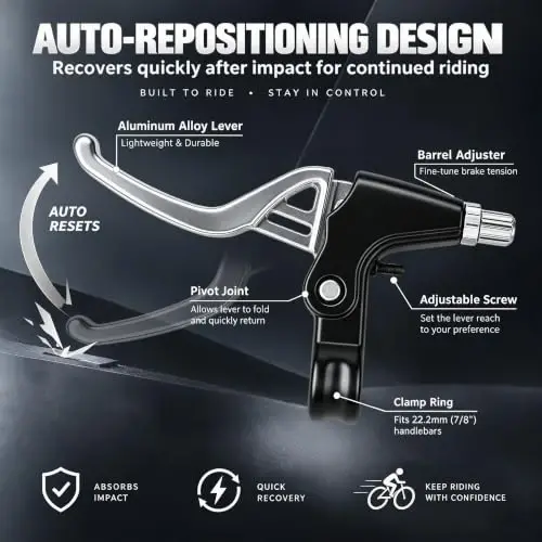 Gashwer Universal 2.2cm Bike Brake Levers Aluminum Alloy V-Brake Handlebar Bicycle Brake Handle for Most Bicycle, Mountain Bike, Road Bike 1 Pair (Silver) - 5