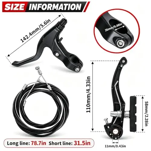 Gashwer V-Type Bike Brakes Set, Complete Universal Bike Front and Rear MTB Bicycle Brake, Inner and Outer Callipers Cables Lever Kit with Multi-Tool Wrenches Black - Gashwer (1)