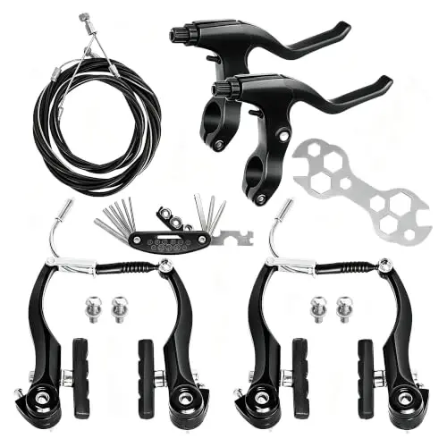 Gashwer V-Type Bike Brakes Set, Complete Universal Bike Front and Rear MTB Bicycle Brake, Inner and Outer Callipers Cables Lever Kit with Multi-Tool Wrenches Black - 1