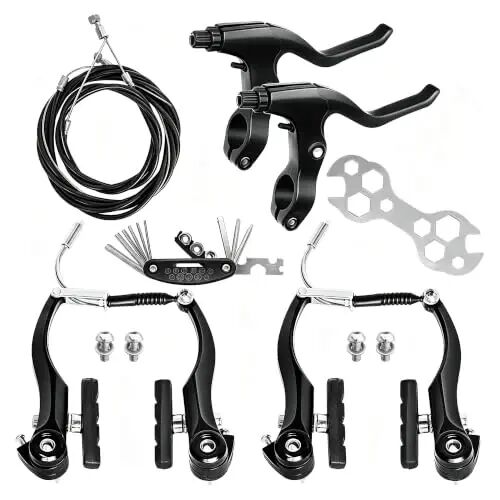 Gashwer V-Type Bike Brakes Set, Complete Universal Bike Front and Rear MTB Bicycle Brake, Inner and Outer Callipers Cables Lever Kit with Multi-Tool Wrenches Black - Gashwer