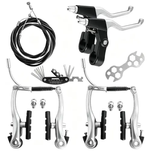 Gashwer V-Type Bike Brakes Set, Complete Universal Bike Front and Rear MTB Bicycle Brake, Inner and Outer Callipers Cables Lever Kit with Multi-Tool Wrenches Silver - 1