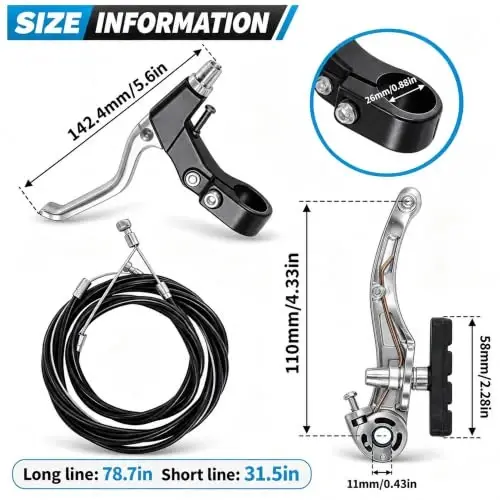 Gashwer V-Type Bike Brakes Set, Complete Universal Bike Front and Rear MTB Bicycle Brake, Inner and Outer Callipers Cables Lever Kit with Multi-Tool Wrenches Silver - 2