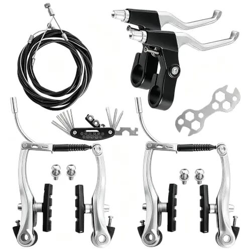 Gashwer V-Type Bike Brakes Set, Complete Universal Bike Front and Rear MTB Bicycle Brake, Inner and Outer Callipers Cables Lever Kit with Multi-Tool Wrenches Silver - Gashwer