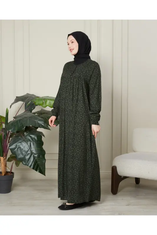 Gathered Bodice Front Buttoned Viscose Fabric Hijab Clothing Mother Dress Prayer Dress - Khaki Fine Shawl Pattern - 3