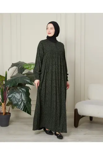 Gathered Bodice Front Buttoned Viscose Fabric Hijab Clothing Mother Dress Prayer Dress - Khaki Fine Shawl Pattern - 4
