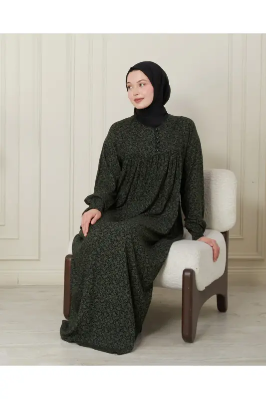 Gathered Bodice Front Buttoned Viscose Fabric Hijab Clothing Mother Dress Prayer Dress - Khaki Fine Shawl Pattern - 6