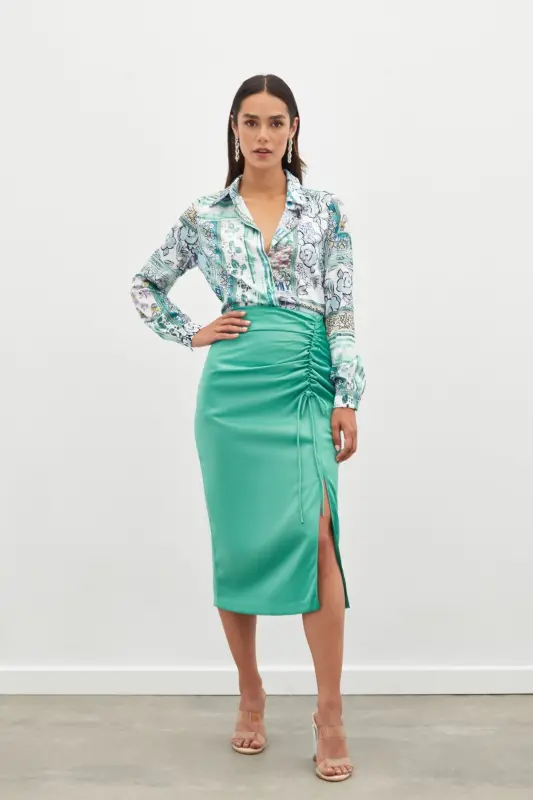 Gathered Detail Satin Skirt - MINT-MINT - 3