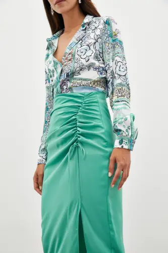 Gathered Detail Satin Skirt - MINT-MINT - 4