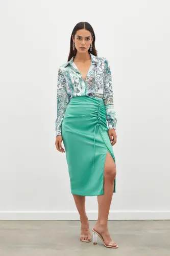 Gathered Detail Satin Skirt - MINT-MINT - 3