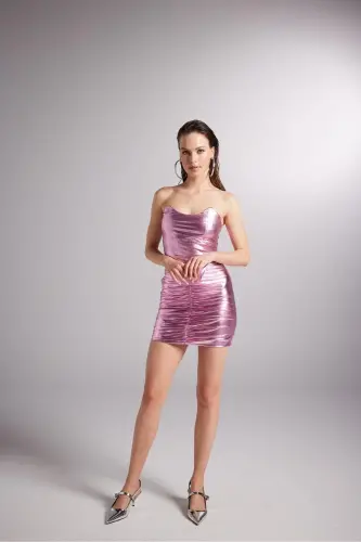 Gathered Detail Shiny Fabric Jammy Skirt Pink - 7