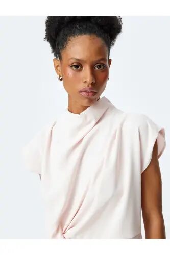 Gathered Detail Sleeve Detailed Stand Up Collar Blouse-Rose - 1