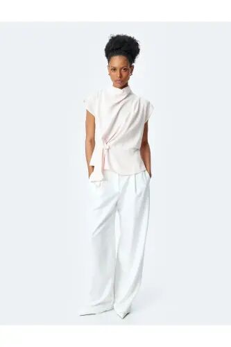 Gathered Detail Sleeve Detailed Stand Up Collar Blouse-Rose - 2