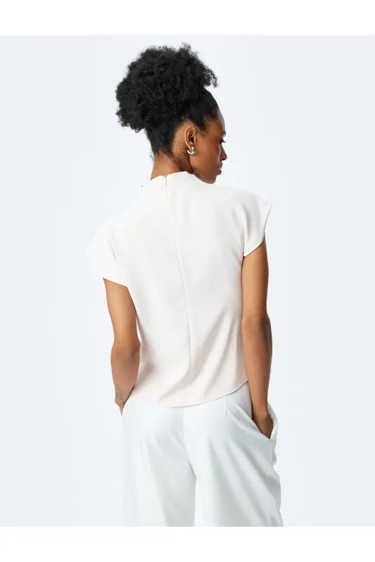 Gathered Detail Sleeve Detailed Stand Up Collar Blouse-Rose - 4