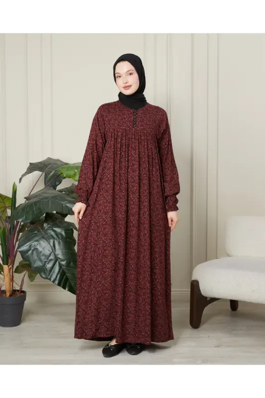 Gathered Ruffle Yoke Front Buttoned Viscose Fabric Modest Clothing Mother Dress Prayer Dress - Maroon Thick Paisley Pattern - 2