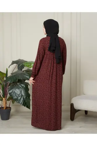 Gathered Ruffle Yoke Front Buttoned Viscose Fabric Modest Clothing Mother Dress Prayer Dress - Maroon Thick Paisley Pattern - 7