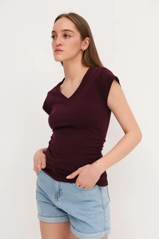 Gathered Side V-Neck T-Shirt P1566-S1-Gardenia - 3