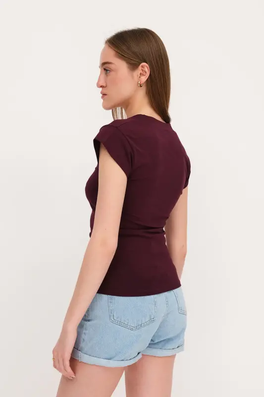 Gathered Side V-Neck T-Shirt P1566-S1-Gardenia - 4