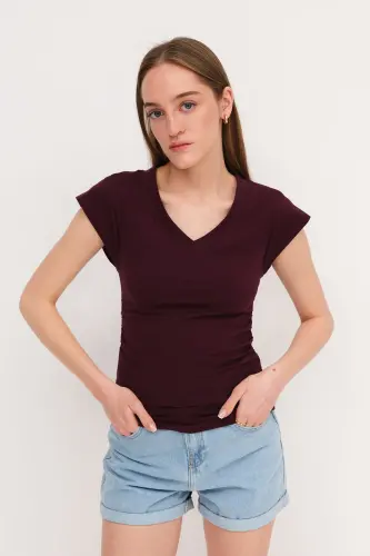 Gathered Side V-Neck T-Shirt P1566-S1-Gardenia - 5
